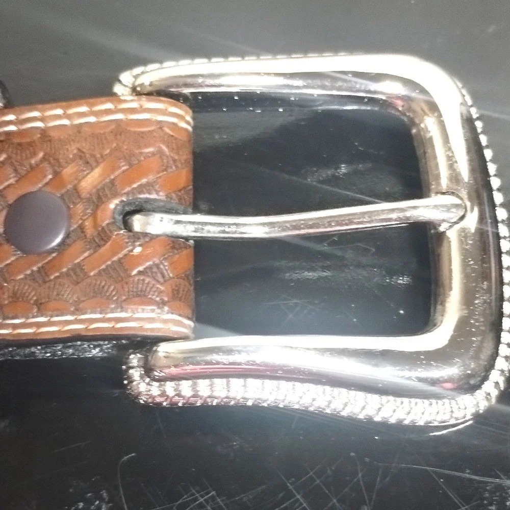 Western Tooled Leather Belt Black Brown Basket Weave Silver Buckle 40 2361P
